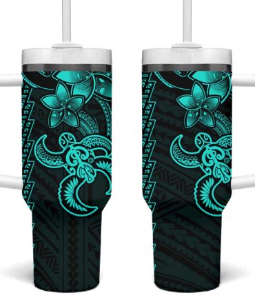 Aqua Hawaiian Kakau Turtle Polynesian Tribal Custom Stanley Quencher 40Oz Stainless Steel Tumbler With Handle