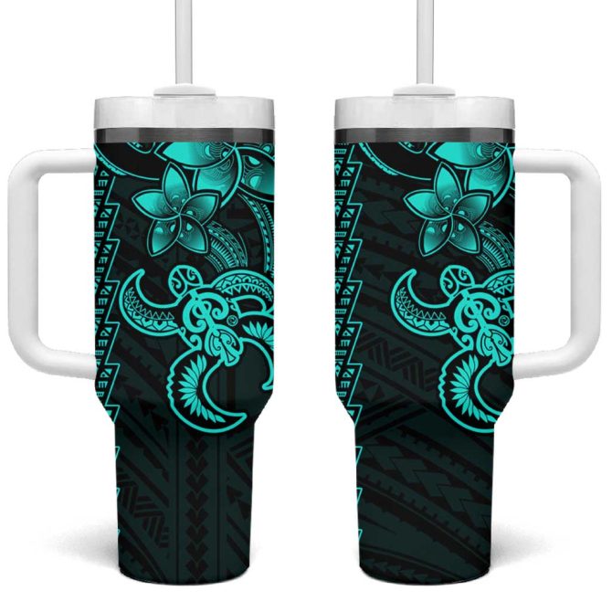 Aqua Hawaiian Kakau Turtle Polynesian Tribal Custom Stanley Quencher 40Oz Stainless Steel Tumbler With Handle