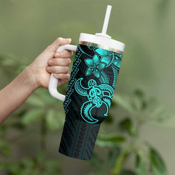 Aqua Hawaiian Kakau Turtle Polynesian Tribal Custom Stanley Quencher 40Oz Stainless Steel Tumbler With Handle - Image 3