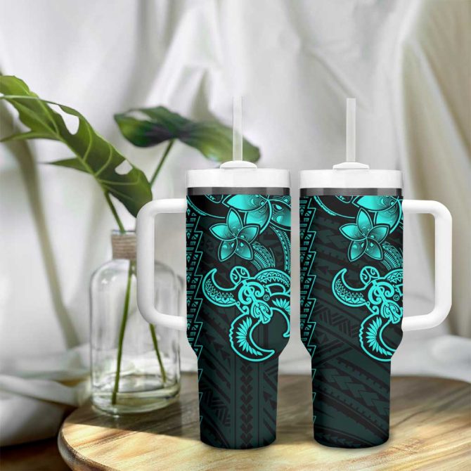 Aqua Hawaiian Kakau Turtle Polynesian Tribal Custom Stanley Quencher 40Oz Stainless Steel Tumbler With Handle - Image 9