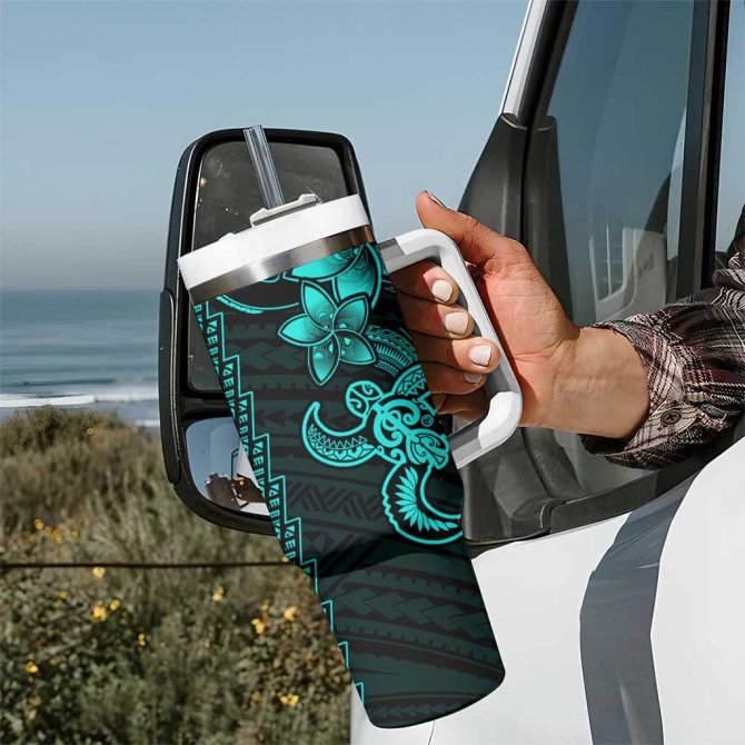 Aqua Hawaiian Kakau Turtle Polynesian Tribal Custom Stanley Quencher 40Oz Stainless Steel Tumbler With Handle - Image 7