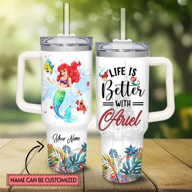 Ariel Disney Princess Cartoon Custom Stanley Quencher 40Oz Stainless Steel Tumbler With Handle