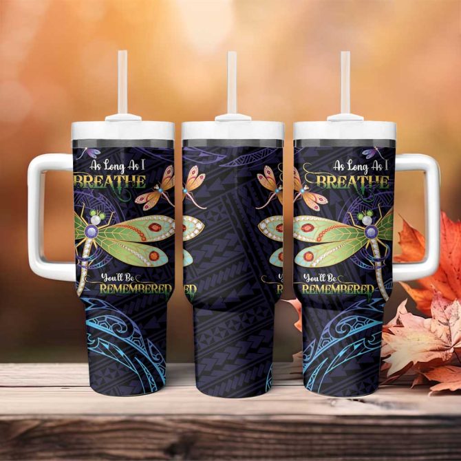 As Long As I Breathe You #8217;Ll Be Remembered Dragonflies Memorial Polynesian Custom Stanley Quencher 40Oz Stainless Steel Tumbler With Handle - Image 4