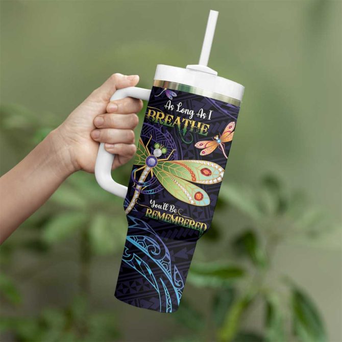 As Long As I Breathe You #8217;Ll Be Remembered Dragonflies Memorial Polynesian Custom Stanley Quencher 40Oz Stainless Steel Tumbler With Handle - Image 3