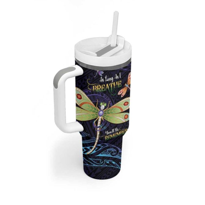 As Long As I Breathe You #8217;Ll Be Remembered Dragonflies Memorial Polynesian Custom Stanley Quencher 40Oz Stainless Steel Tumbler With Handle - Image 2