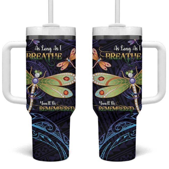 As Long As I Breathe You #8217;Ll Be Remembered Dragonflies Memorial Polynesian Custom Stanley Quencher 40Oz Stainless Steel Tumbler With Handle