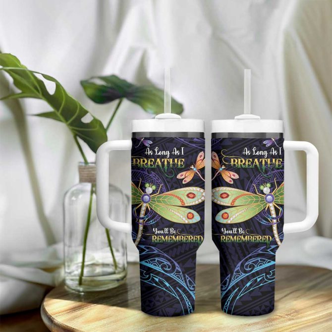 As Long As I Breathe You #8217;Ll Be Remembered Dragonflies Memorial Polynesian Custom Stanley Quencher 40Oz Stainless Steel Tumbler With Handle - Image 9
