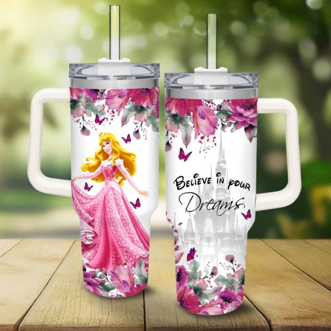 Aurora Disney Princess Cartoon Custom Stanley Quencher 40Oz Stainless Steel Tumbler With Handle