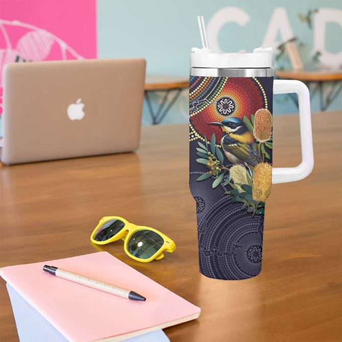 Aussie Honeyeaters Banksia Flowers Aboriginal Dots Painting Custom Stanley Quencher 40Oz Stainless Steel Tumbler With Handle - Image 5
