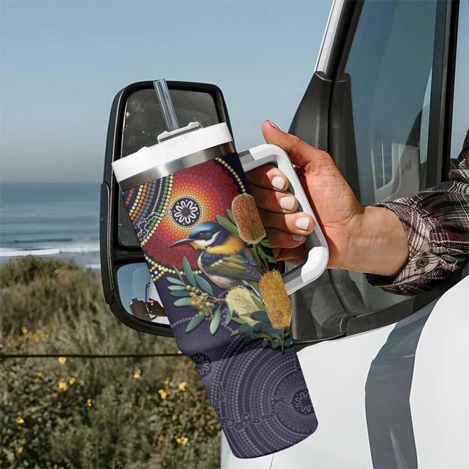 Aussie Honeyeaters Banksia Flowers Aboriginal Dots Painting Custom Stanley Quencher 40Oz Stainless Steel Tumbler With Handle - Image 7