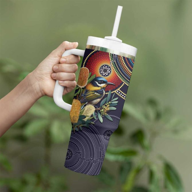 Aussie Honeyeaters Banksia Flowers Aboriginal Dots Painting Custom Stanley Quencher 40Oz Stainless Steel Tumbler With Handle - Image 4