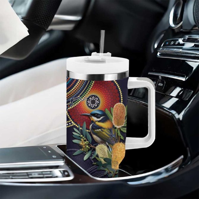 Aussie Honeyeaters Banksia Flowers Aboriginal Dots Painting Custom Stanley Quencher 40Oz Stainless Steel Tumbler With Handle - Image 8