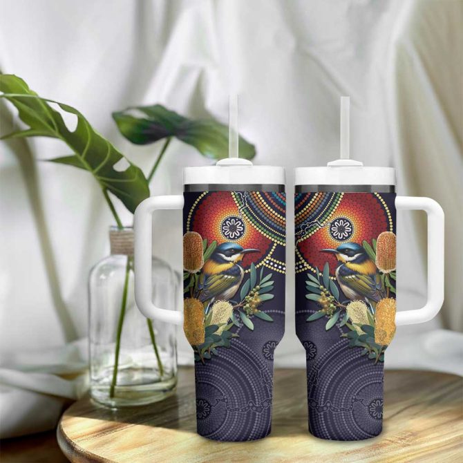Aussie Honeyeaters Banksia Flowers Aboriginal Dots Painting Custom Stanley Quencher 40Oz Stainless Steel Tumbler With Handle - Image 9
