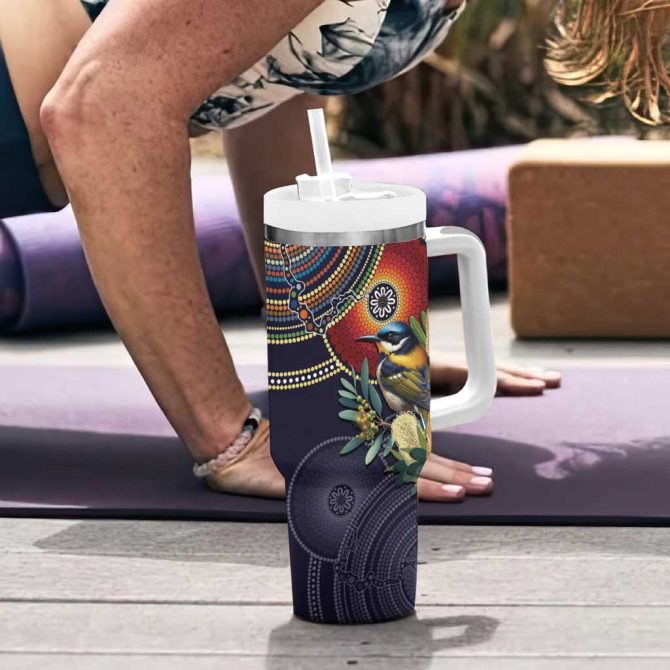 Aussie Honeyeaters Banksia Flowers Aboriginal Dots Painting Custom Stanley Quencher 40Oz Stainless Steel Tumbler With Handle - Image 6