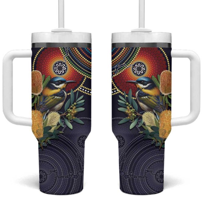 Aussie Honeyeaters Banksia Flowers Aboriginal Dots Painting Custom Stanley Quencher 40Oz Stainless Steel Tumbler With Handle - Image 2