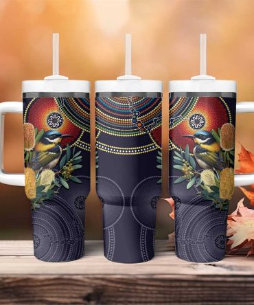 Aussie Honeyeaters Banksia Flowers Aboriginal Dots Painting Custom Stanley Quencher 40Oz Stainless Steel Tumbler With Handle