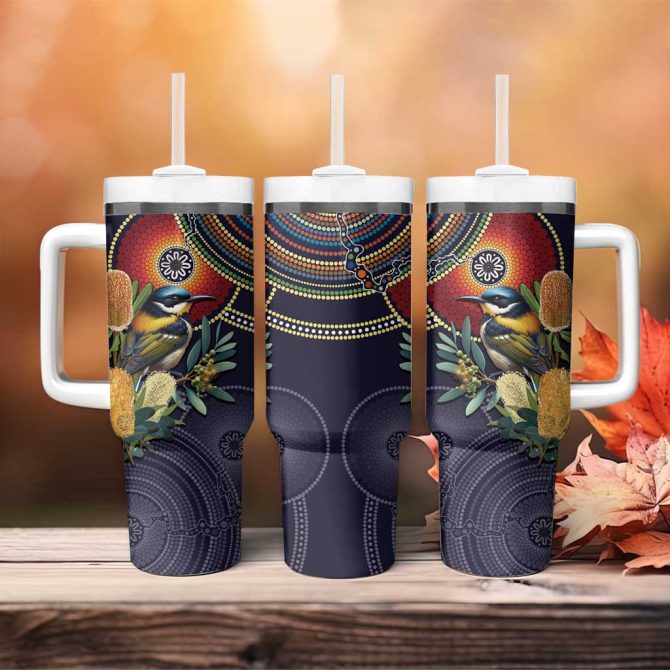Aussie Honeyeaters Banksia Flowers Aboriginal Dots Painting Custom Stanley Quencher 40Oz Stainless Steel Tumbler With Handle