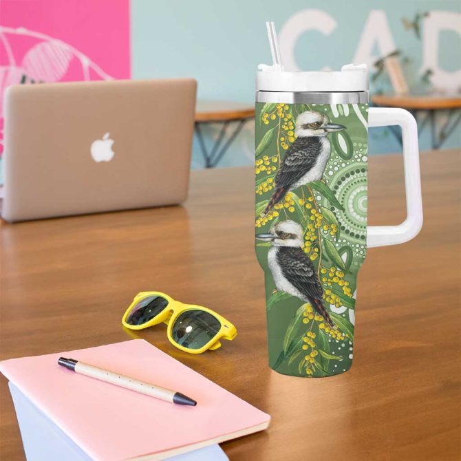 Aussie Kokaburra Golden Wattle Aboriginal With National Color Custom Stanley Quencher 40Oz Stainless Steel Tumbler With Handle - Image 5