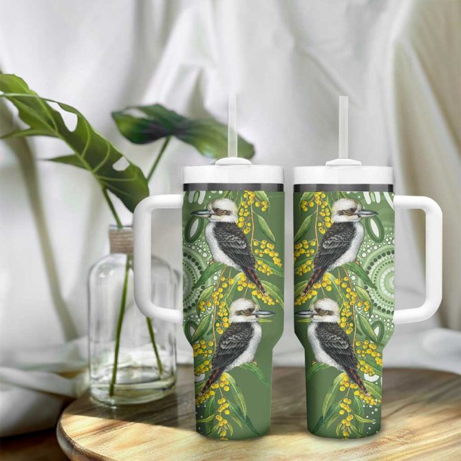 Aussie Kokaburra Golden Wattle Aboriginal With National Color Custom Stanley Quencher 40Oz Stainless Steel Tumbler With Handle - Image 9