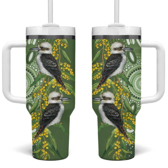 Aussie Kokaburra Golden Wattle Aboriginal With National Color Custom Stanley Quencher 40Oz Stainless Steel Tumbler With Handle - Image 2