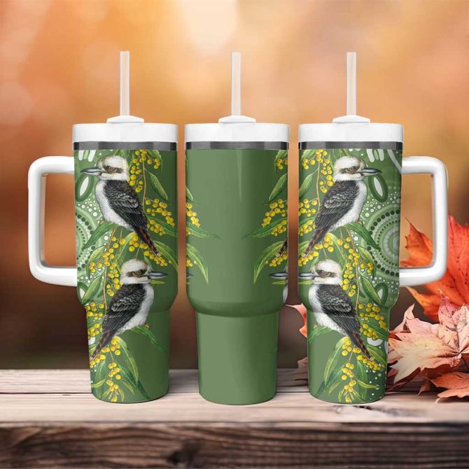 Aussie Kokaburra Golden Wattle Aboriginal With National Color Custom Stanley Quencher 40Oz Stainless Steel Tumbler With Handle