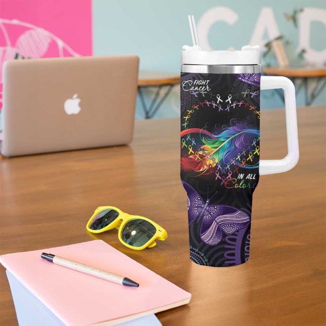 Australia Aboriginal Dot Arts Fight Cancer In All Colors Custom Stanley Quencher 40Oz Stainless Steel Tumbler With Handle - Image 5