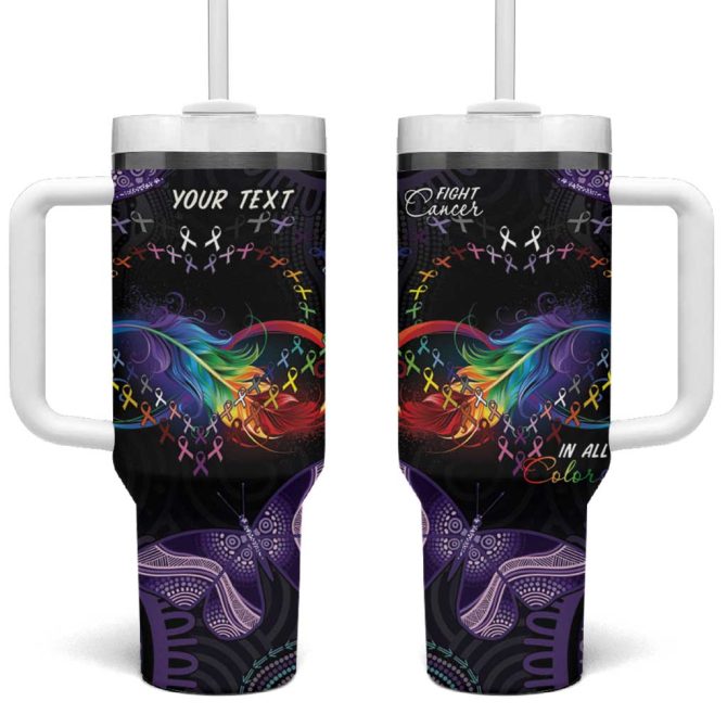 Australia Aboriginal Dot Arts Fight Cancer In All Colors Custom Stanley Quencher 40Oz Stainless Steel Tumbler With Handle - Image 2