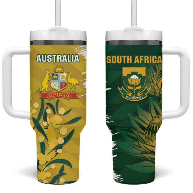 Australia And South Africa Cricket Aussies Proteas Together Custom Stanley Quencher 40Oz Stainless Steel Tumbler With Handle - Image 2