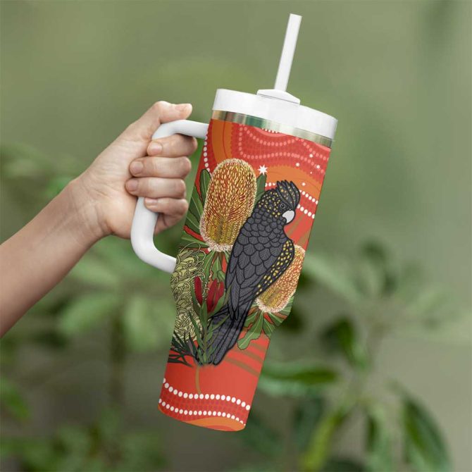 Australia Banksia With Black Cockatoo Aboriginal Art Custom Stanley Quencher 40Oz Stainless Steel Tumbler With Handle - Image 4