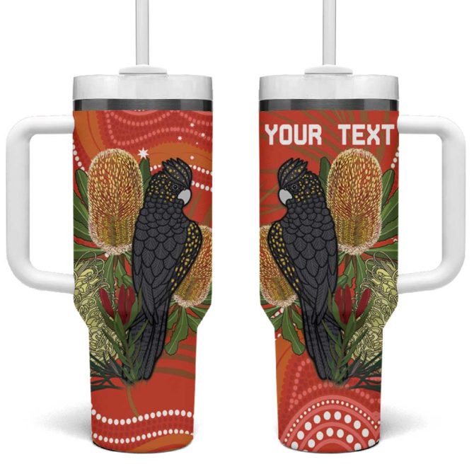 Australia Banksia With Black Cockatoo Aboriginal Art Custom Stanley Quencher 40Oz Stainless Steel Tumbler With Handle - Image 2