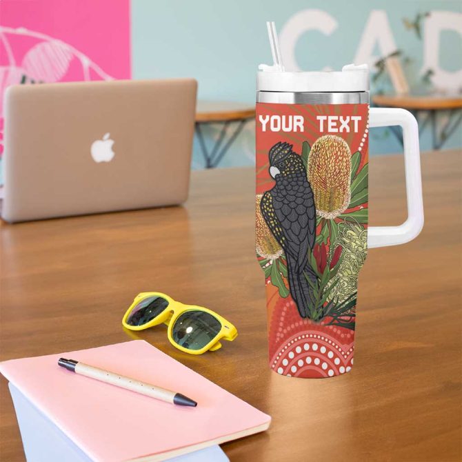 Australia Banksia With Black Cockatoo Aboriginal Art Custom Stanley Quencher 40Oz Stainless Steel Tumbler With Handle - Image 5