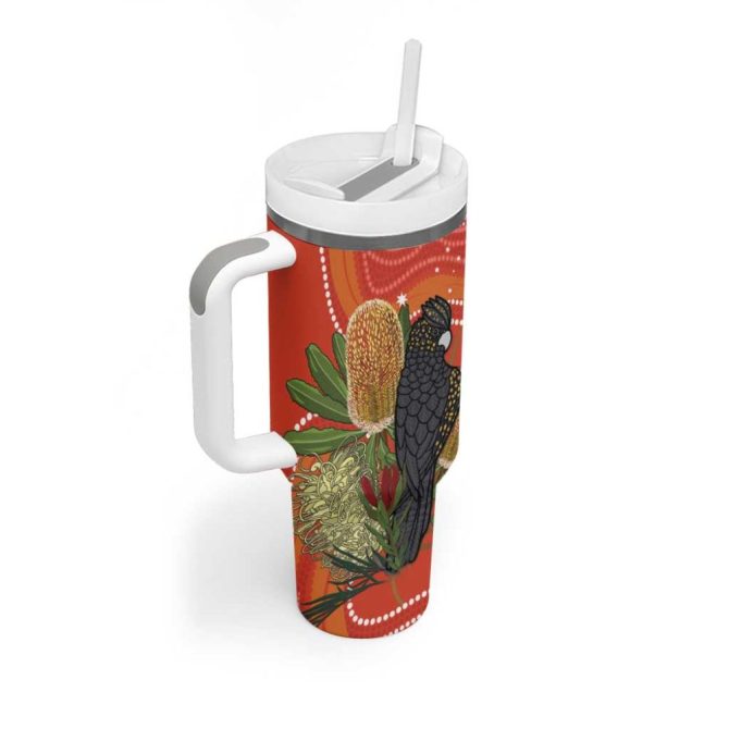 Australia Banksia With Black Cockatoo Aboriginal Art Custom Stanley Quencher 40Oz Stainless Steel Tumbler With Handle - Image 3