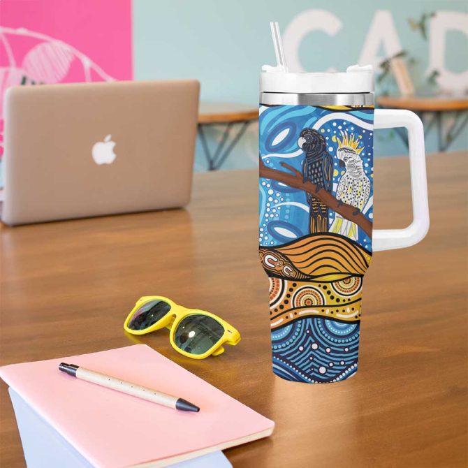 Australia Birds Aboriginal Art Custom Stanley Quencher 40Oz Stainless Steel Tumbler With Handle - Image 5