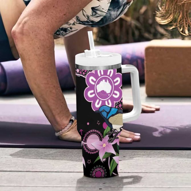 Australia Boronia And Malurus Cyaneus Aboriginal Art Custom Stanley Quencher 40Oz Stainless Steel Tumbler With Handle - Image 6