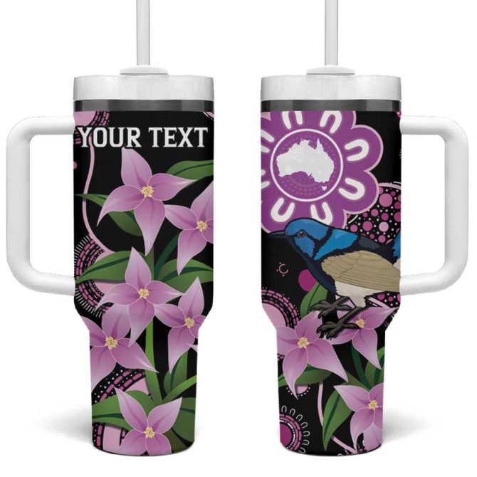 Australia Boronia And Malurus Cyaneus Aboriginal Art Custom Stanley Quencher 40Oz Stainless Steel Tumbler With Handle - Image 2