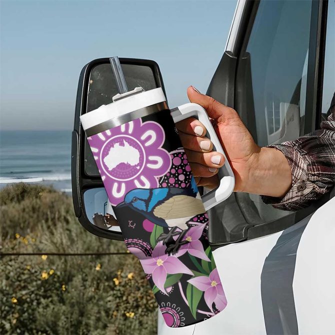 Australia Boronia And Malurus Cyaneus Aboriginal Art Custom Stanley Quencher 40Oz Stainless Steel Tumbler With Handle - Image 7