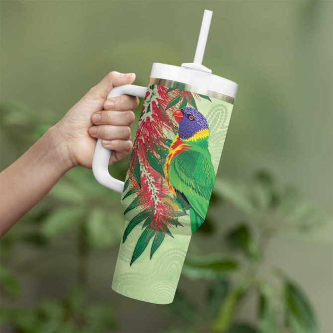 Australia Bottlebrush And Lorikeets Aboriginal Art #8211; Watercolor Style Custom Stanley Quencher 40Oz Stainless Steel Tumbler With Handle - Image 4