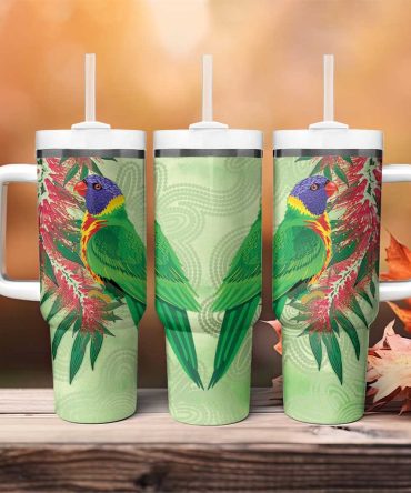 Australia Bottlebrush And Lorikeets Aboriginal Art #8211; Watercolor Style Custom Stanley Quencher 40Oz Stainless Steel Tumbler With Handle