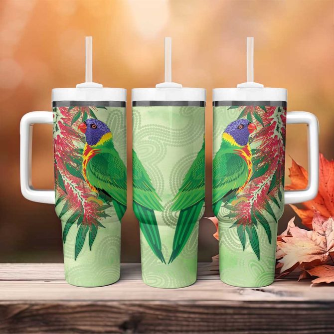 Australia Bottlebrush And Lorikeets Aboriginal Art #8211; Watercolor Style Custom Stanley Quencher 40Oz Stainless Steel Tumbler With Handle