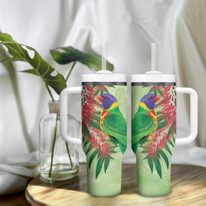 Australia Bottlebrush And Lorikeets Aboriginal Art #8211; Watercolor Style Custom Stanley Quencher 40Oz Stainless Steel Tumbler With Handle - Image 9