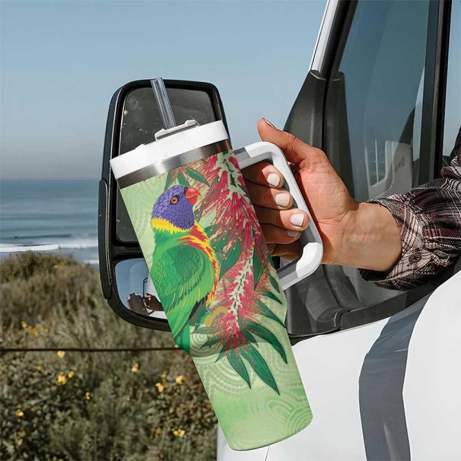Australia Bottlebrush And Lorikeets Aboriginal Art #8211; Watercolor Style Custom Stanley Quencher 40Oz Stainless Steel Tumbler With Handle - Image 7