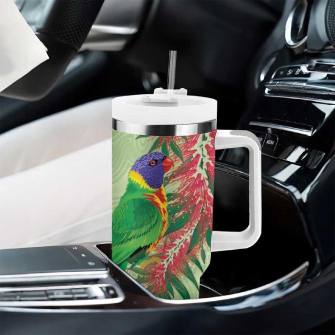 Australia Bottlebrush And Lorikeets Aboriginal Art #8211; Watercolor Style Custom Stanley Quencher 40Oz Stainless Steel Tumbler With Handle - Image 8
