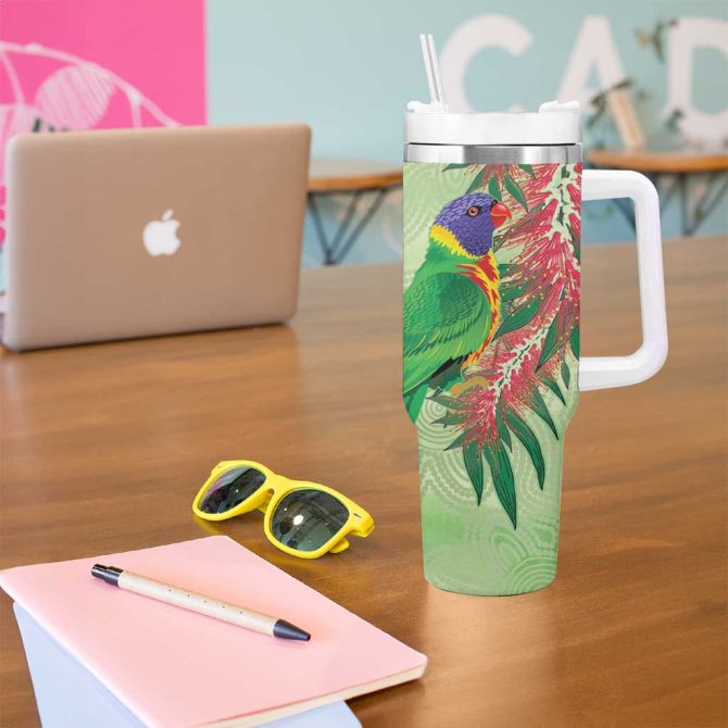 Australia Bottlebrush And Lorikeets Aboriginal Art #8211; Watercolor Style Custom Stanley Quencher 40Oz Stainless Steel Tumbler With Handle - Image 5