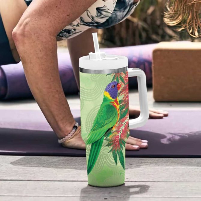 Australia Bottlebrush And Lorikeets Aboriginal Art #8211; Watercolor Style Custom Stanley Quencher 40Oz Stainless Steel Tumbler With Handle - Image 6