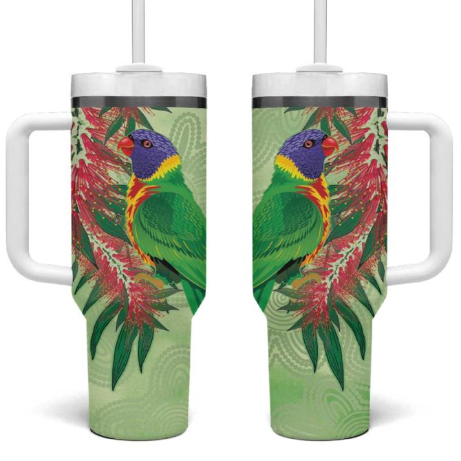 Australia Bottlebrush And Lorikeets Aboriginal Art #8211; Watercolor Style Custom Stanley Quencher 40Oz Stainless Steel Tumbler With Handle - Image 2