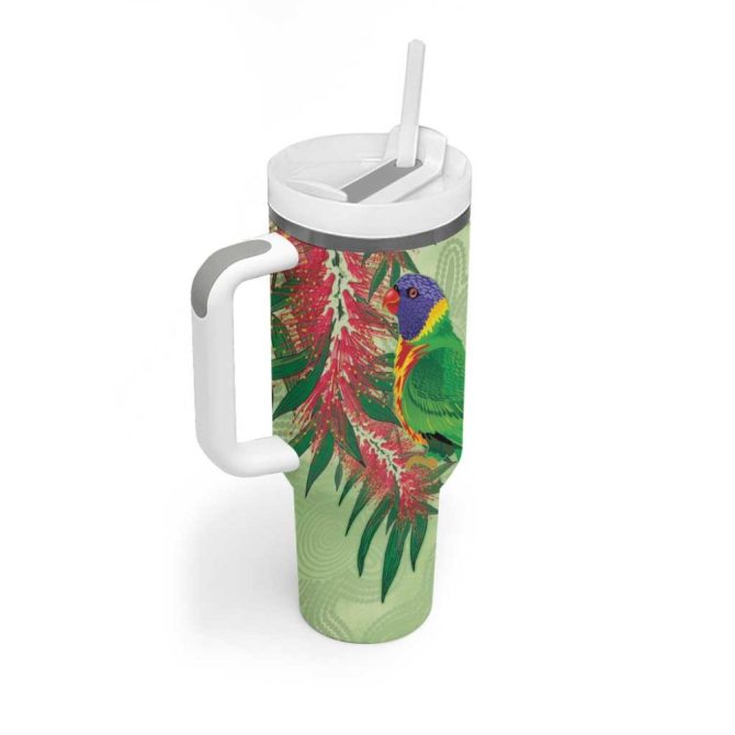 Australia Bottlebrush And Lorikeets Aboriginal Art #8211; Watercolor Style Custom Stanley Quencher 40Oz Stainless Steel Tumbler With Handle - Image 3