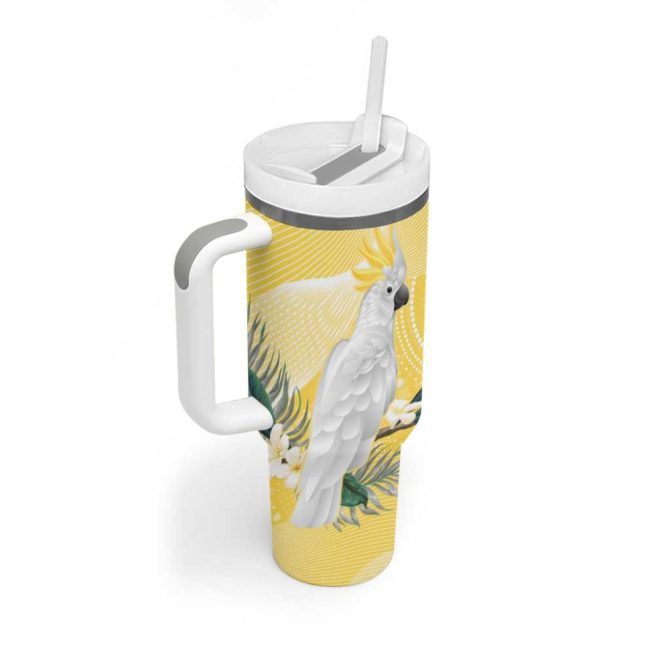Australia Cacatua Galerita Sulphur-Crested Cockatoo #8211; Aboriginal Art Custom Stanley Quencher 40Oz Stainless Steel Tumbler With Handle - Image 3