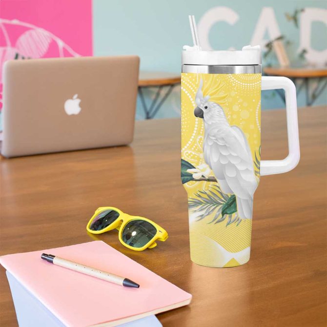Australia Cacatua Galerita Sulphur-Crested Cockatoo #8211; Aboriginal Art Custom Stanley Quencher 40Oz Stainless Steel Tumbler With Handle - Image 5