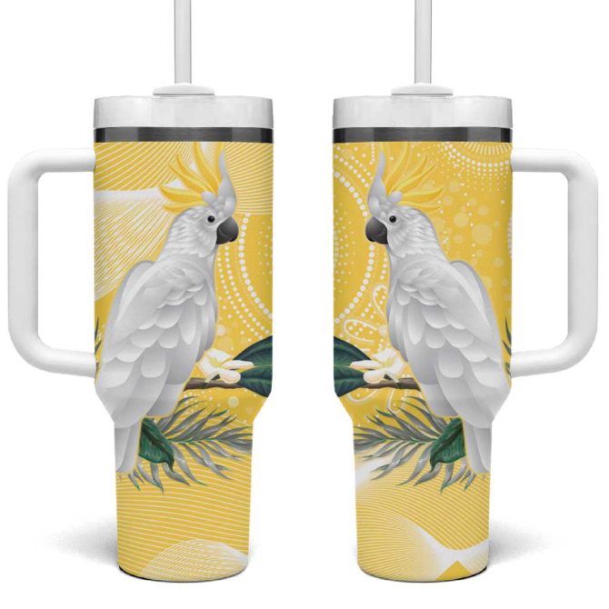 Australia Cacatua Galerita Sulphur-Crested Cockatoo #8211; Aboriginal Art Custom Stanley Quencher 40Oz Stainless Steel Tumbler With Handle - Image 2