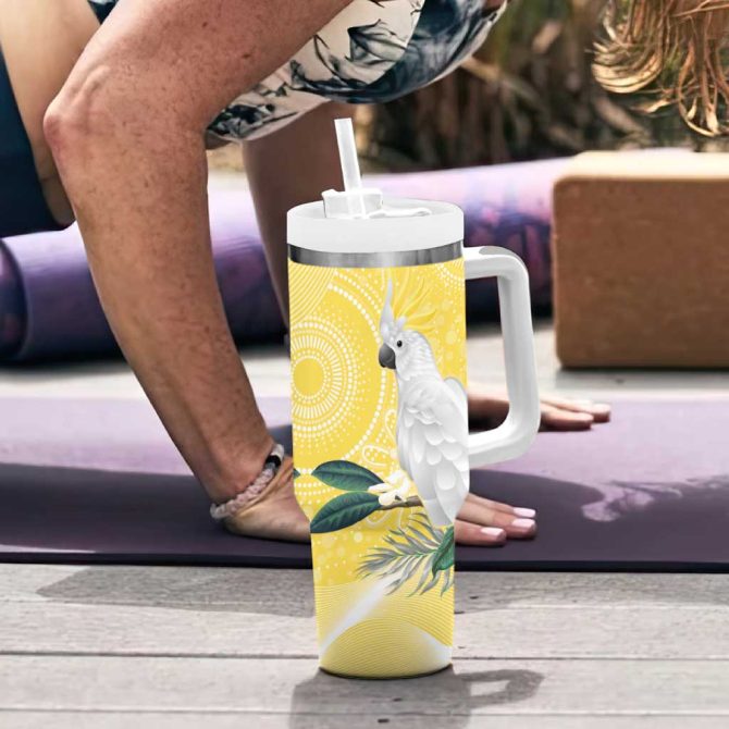 Australia Cacatua Galerita Sulphur-Crested Cockatoo #8211; Aboriginal Art Custom Stanley Quencher 40Oz Stainless Steel Tumbler With Handle - Image 6